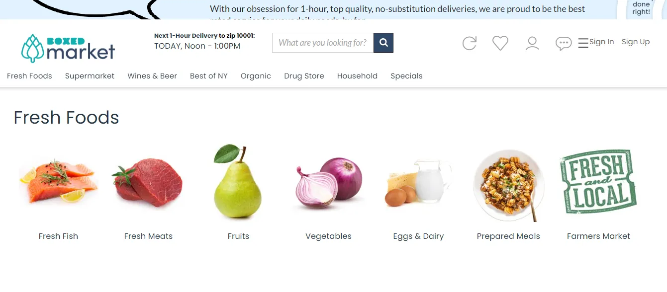 Screenshot of Boxed Market's website showing fresh foods, like fish and fruits, it sells