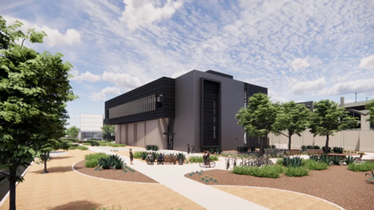 A rendering of a building on a gravel bed with some vegetation nearby on a sunny day.