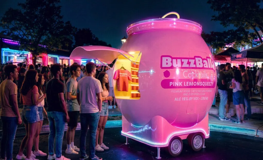A BuzzBall mobile pop-up stand.