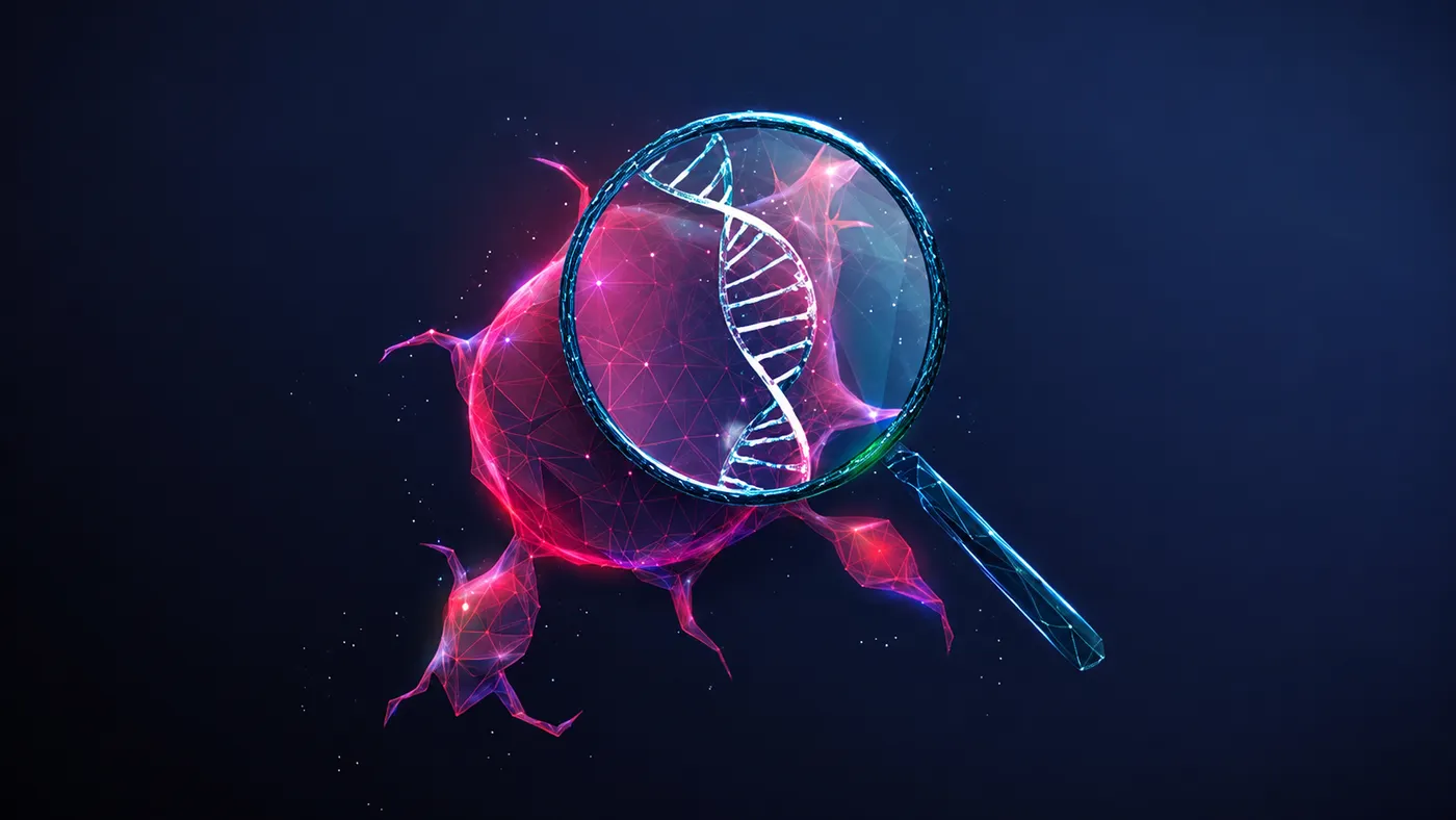 Red tumor under a magnifying glass with DNA inside.
