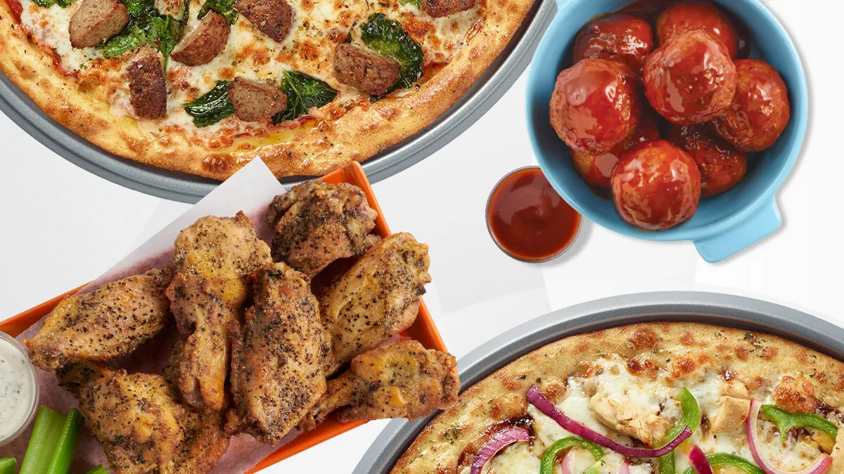 Chuck E Cheese pizza, wings and spicy meatballs from its Grown-Up Menu