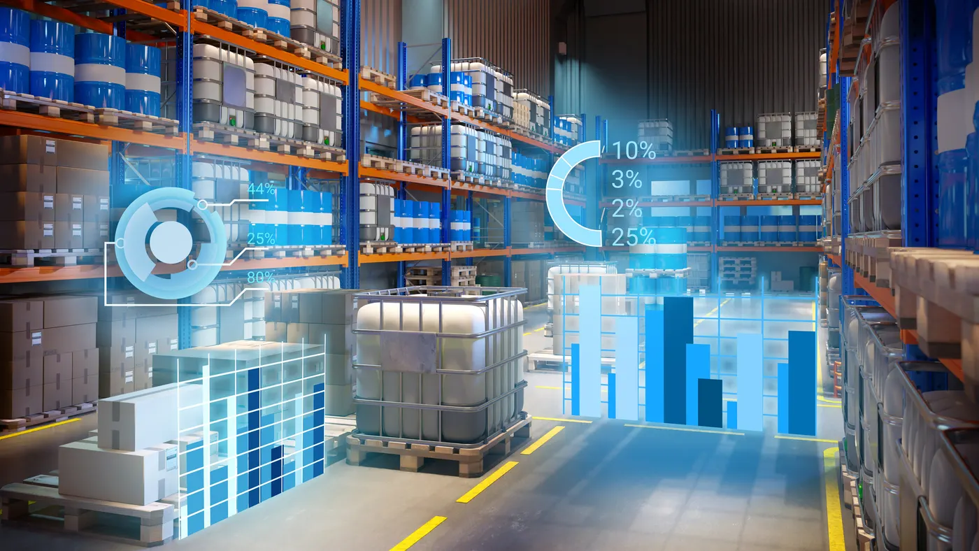 Futuristic warehouse technologies. Storage center with virtual schedules. Futuristic warehouse area. Innovations in logistics industry. Modern warehouse. AI accounting for storehouse. 3d image