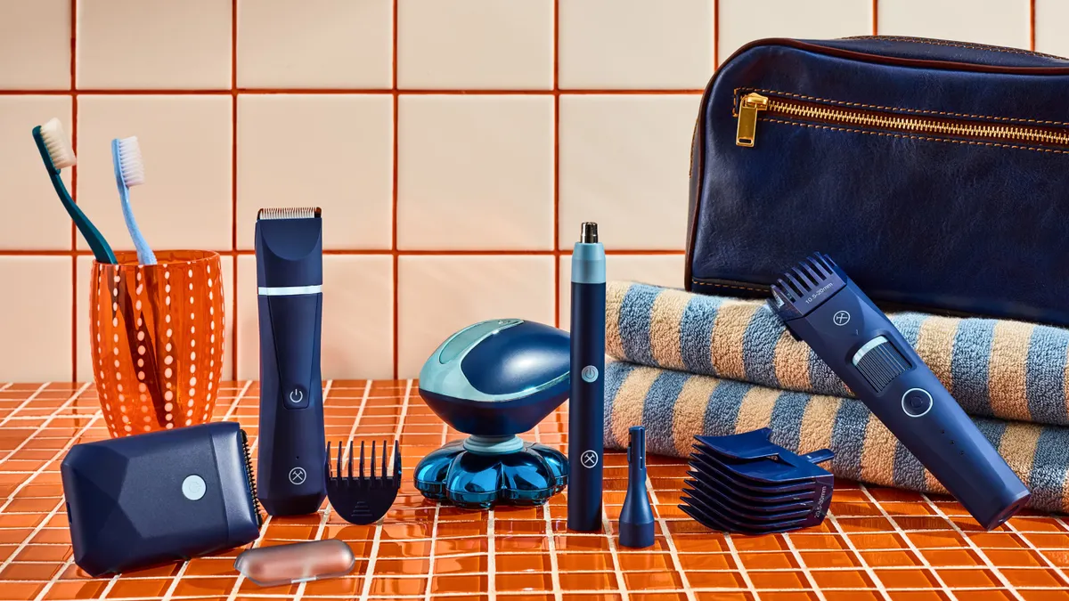 Blue razors and body products in a lineup