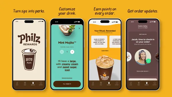 An orange background with simulated phone screens showing how Philz Coffee's loyalty system works.