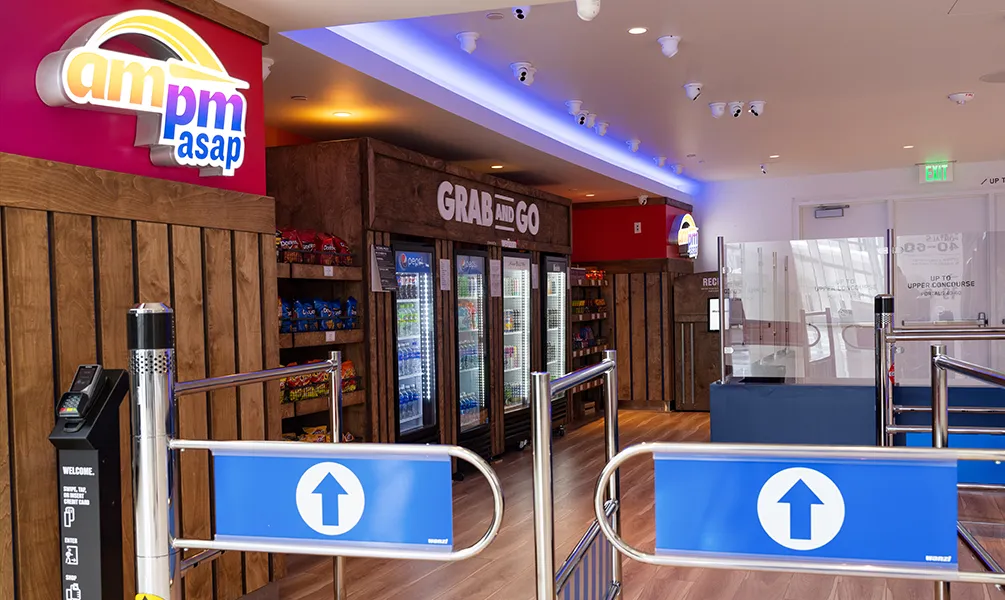 A photo of the Ampm ASAP Grab and Go autonomous c-store in Chase Center in Los Angeles.