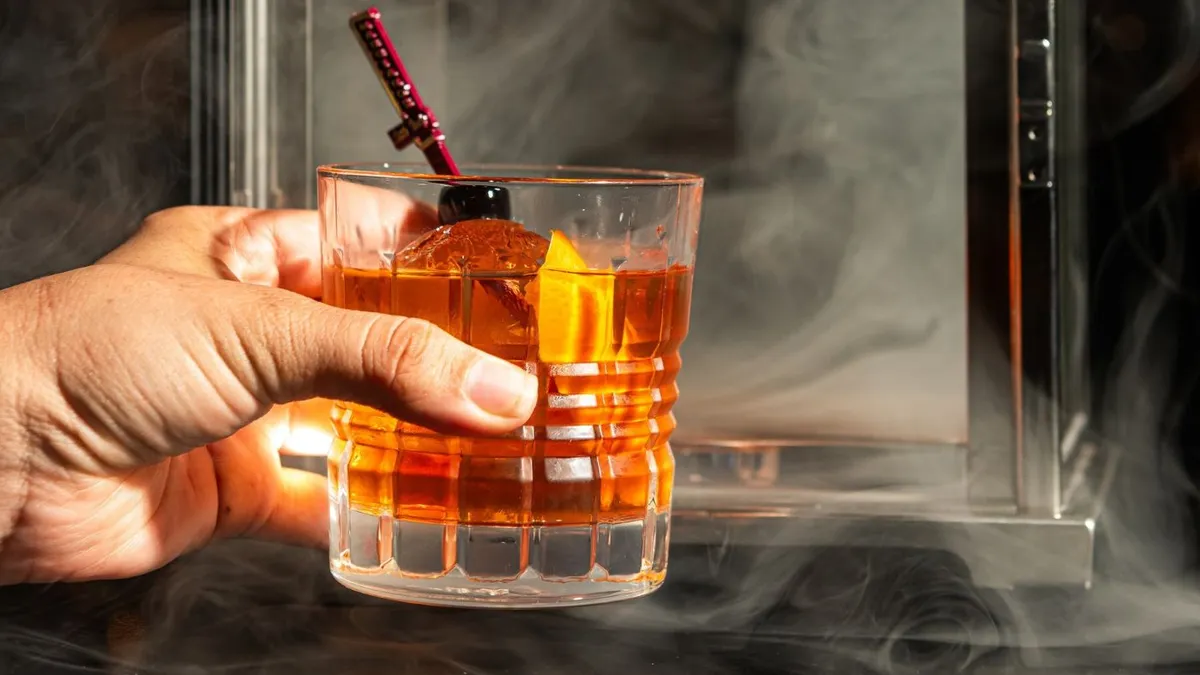 A hand holding a cocktail in front of a smoke screen.