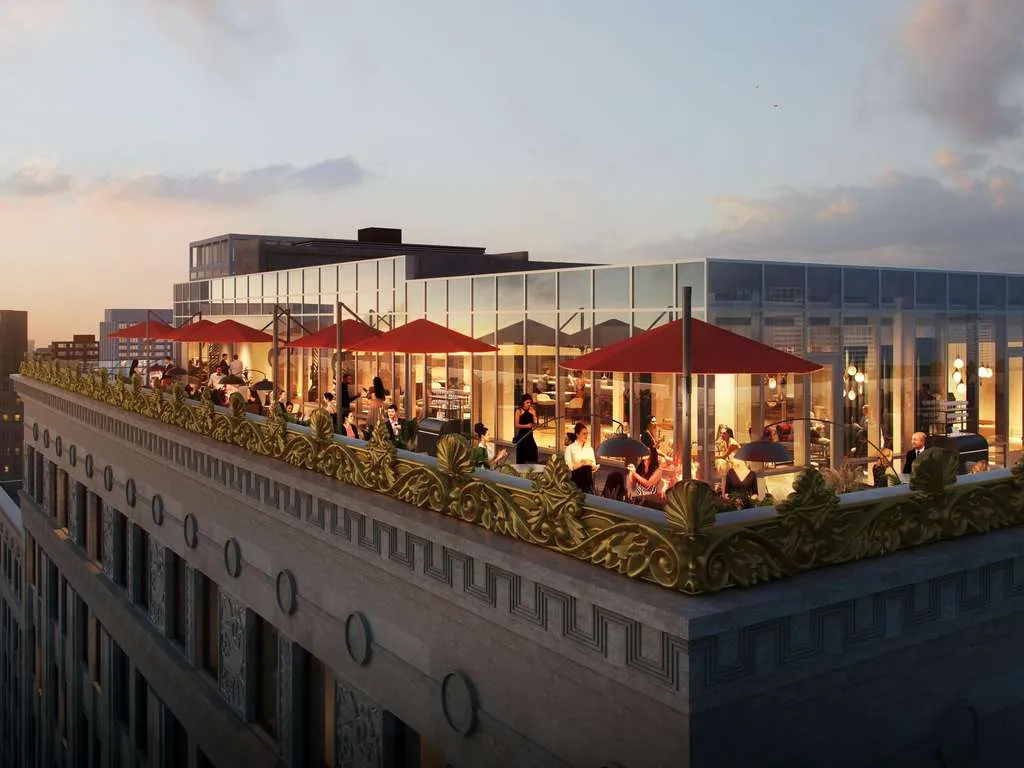 A rendering of a rooftop bar.