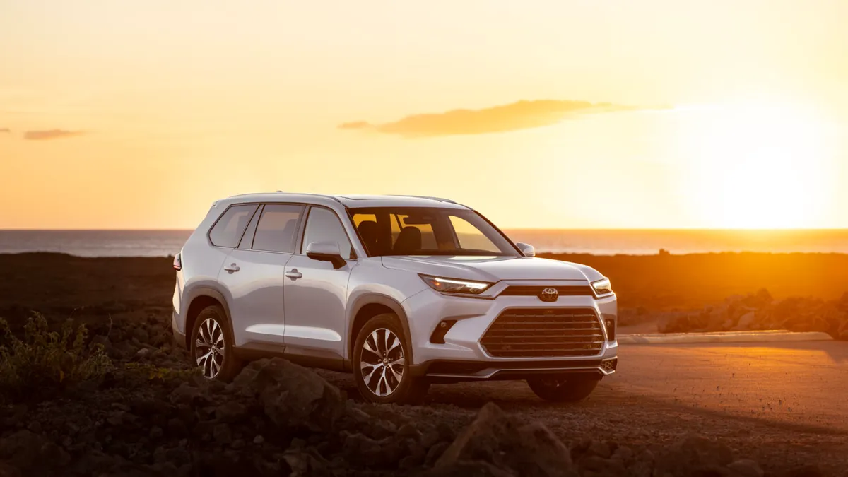 A white 20204 Toyota Grand Highlander SUV parked outdoors with the sun setting in the background.