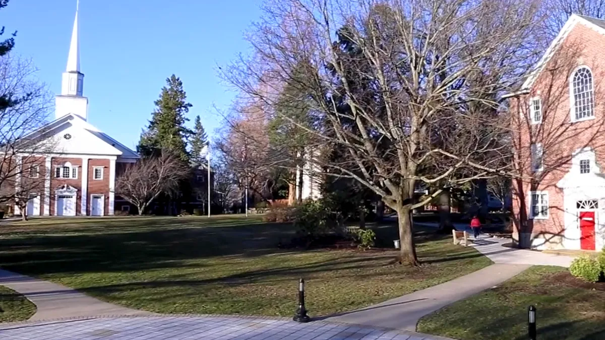 Eastern Nazarene College campus buildings seen from a courtyard.