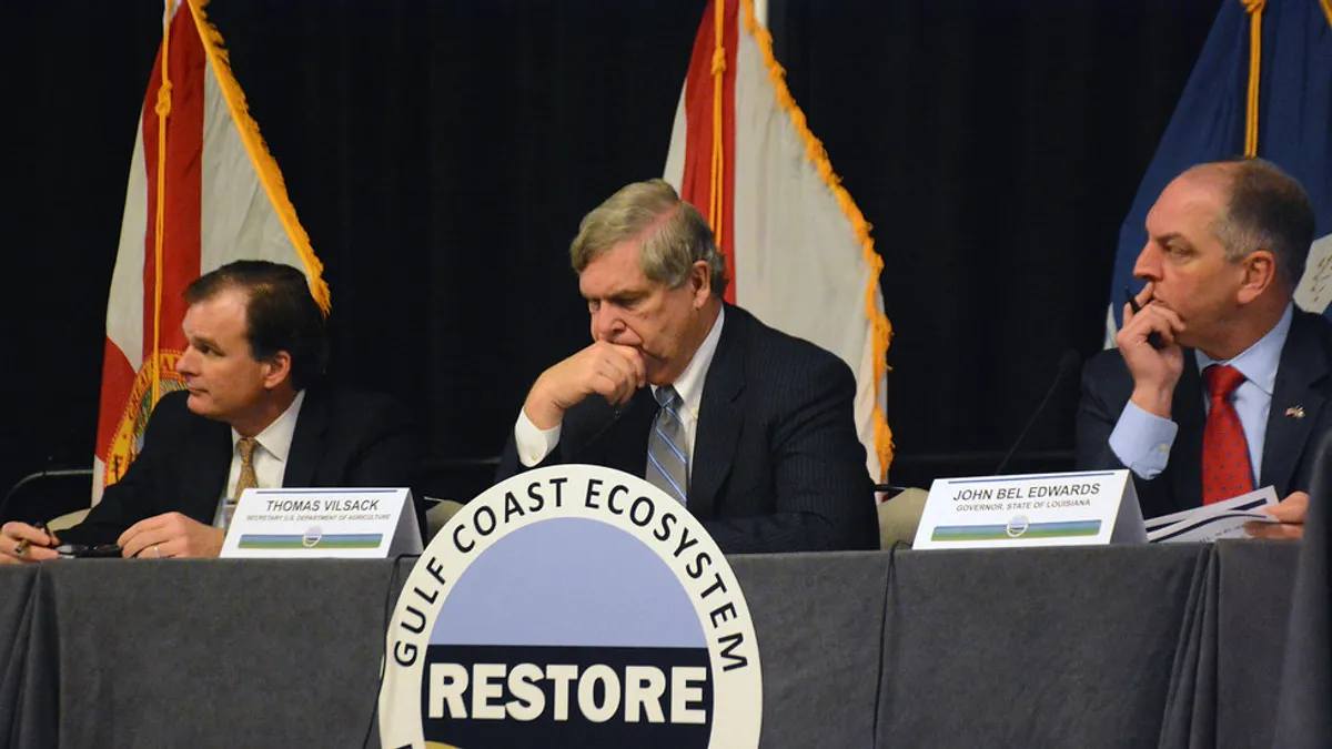 eft to right, Robert Bonnie, Under Secretary for Natural Resources and Environment, Agriculture Secretary Tom Vilsack, chairman of the Gulf Coast Ecosystem Restoration (RESTORE) council and John Bel E