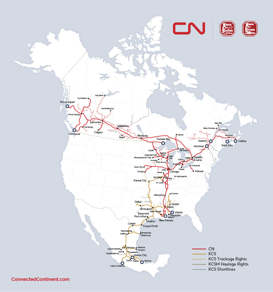 A proposed map of Canadian National and Kansas City Southern's combined network.