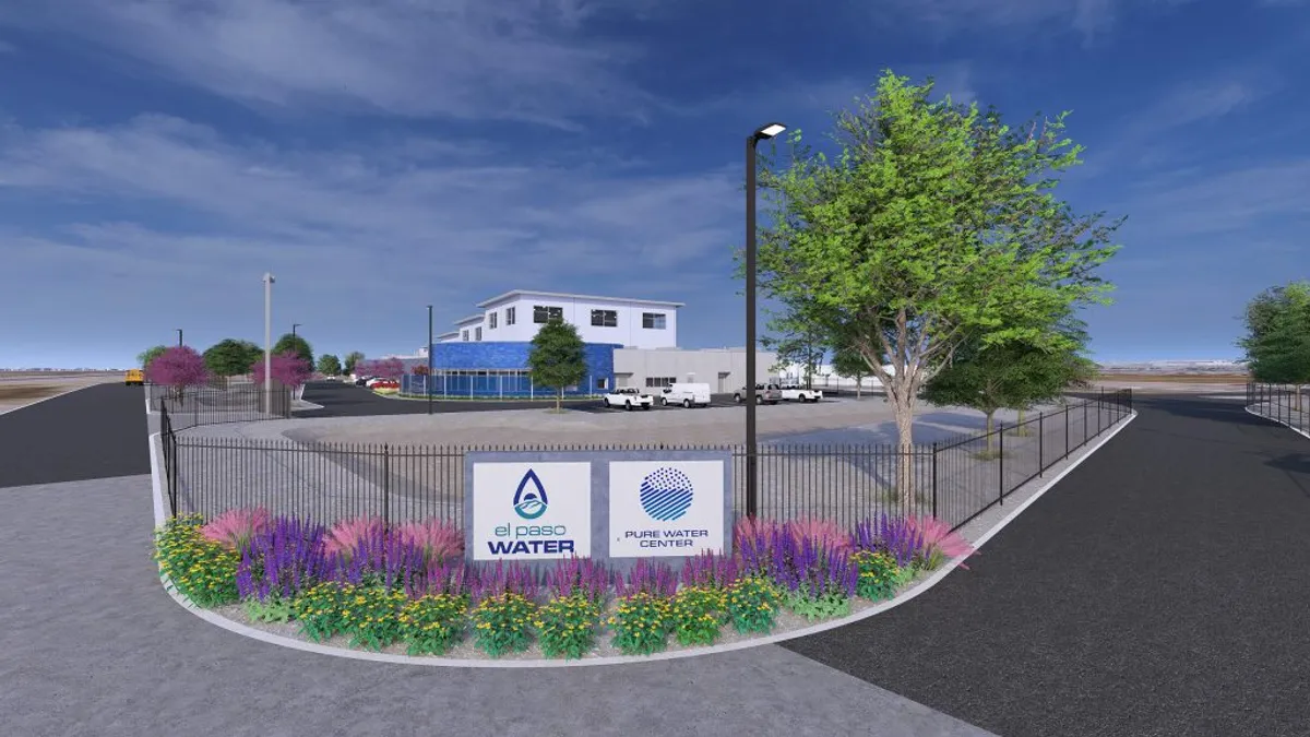 A low white building will house the pure water center in el paso, texas.