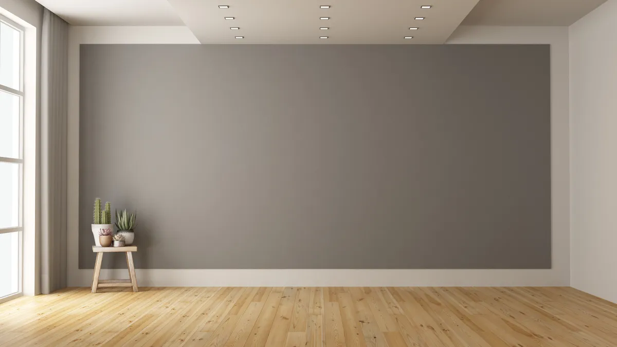 An empty room with a gray wall and cacti in a planter.