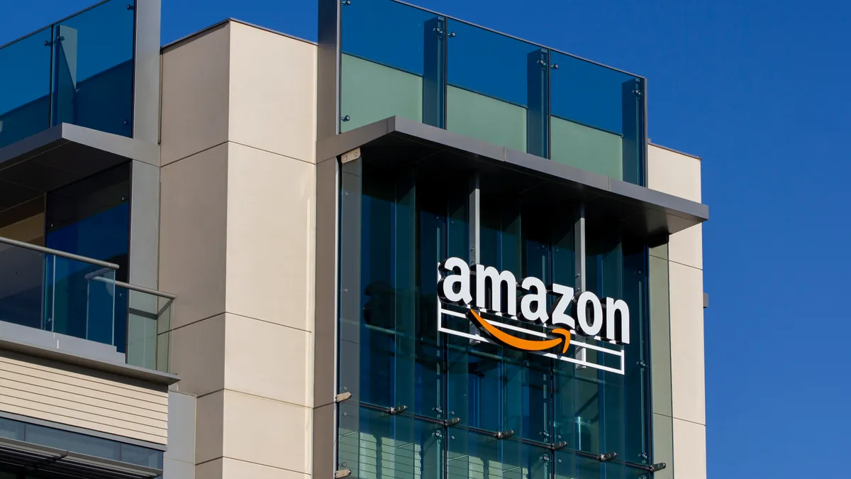 The Amazon logo seen at Amazon campus in Palo Alto, California on February 18, 2020.