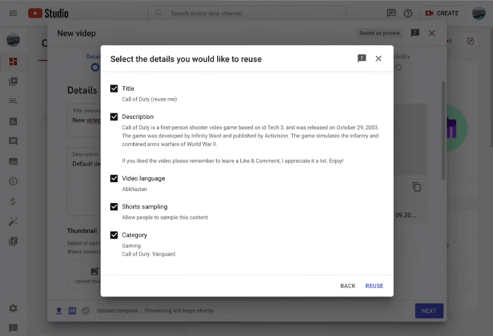 YouTube video upload flow