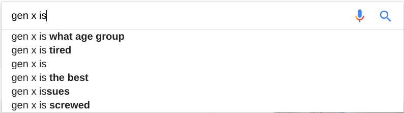 A Google search showing results for Gen X is...