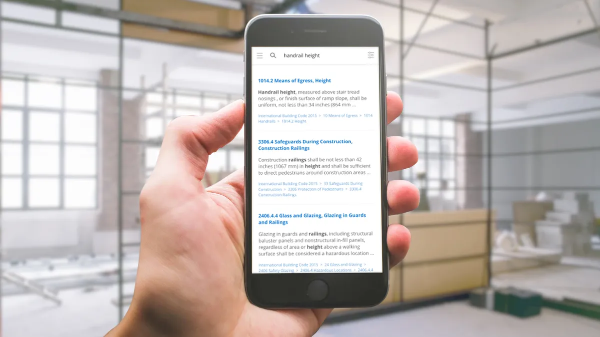 An engineer searches UpCodes for handrail specifications.