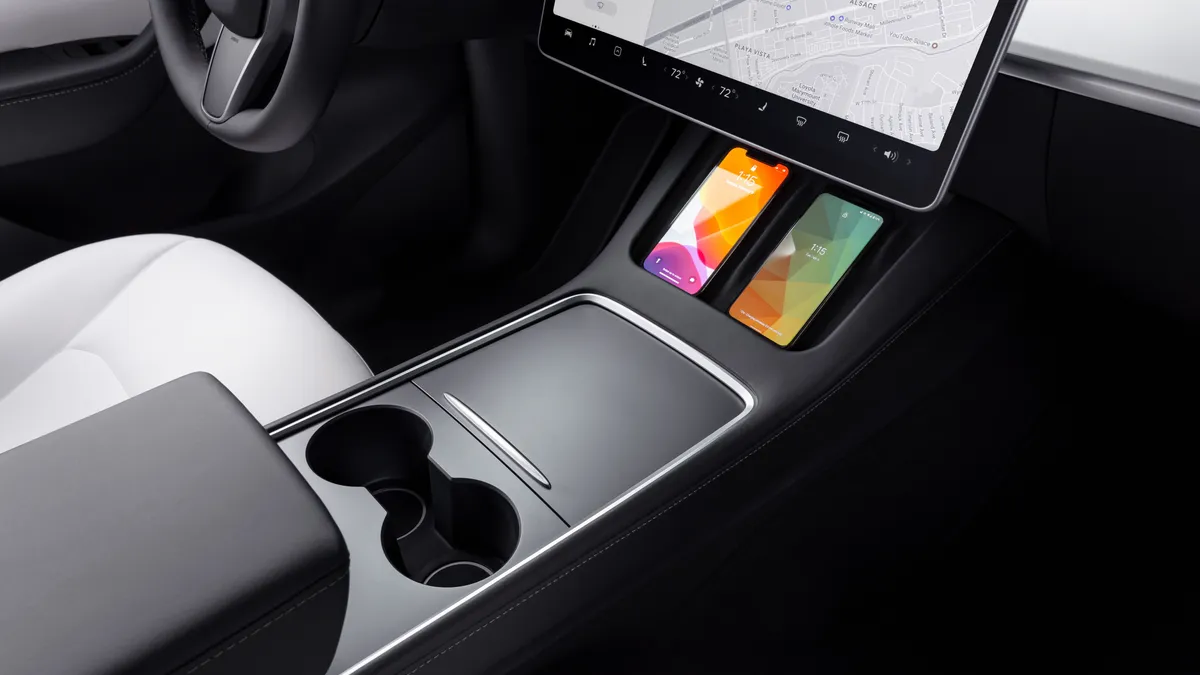 An interior picture of the center console in the Tesla Model Y.