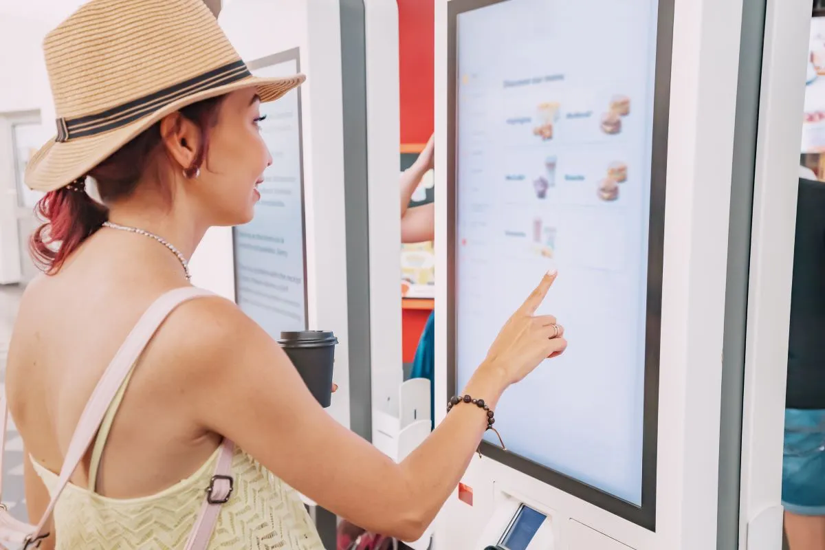 A woman is ordering food off of a self-service kiosk.