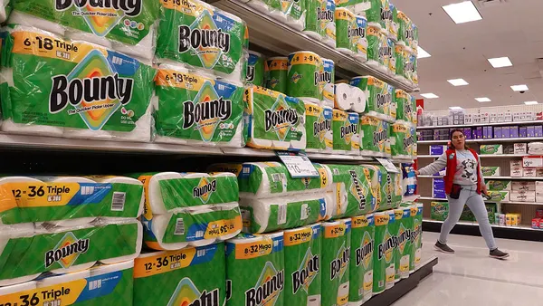 Packages of Bounty paper towels are displayed at a Target store.