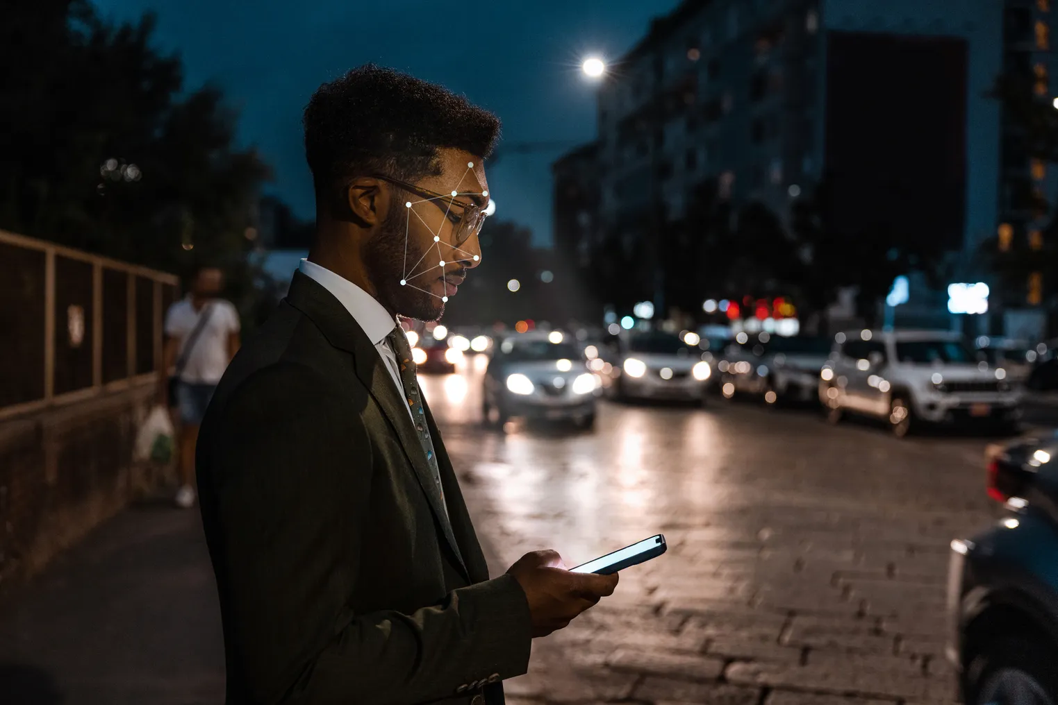 Man using facial recognition technology on city street