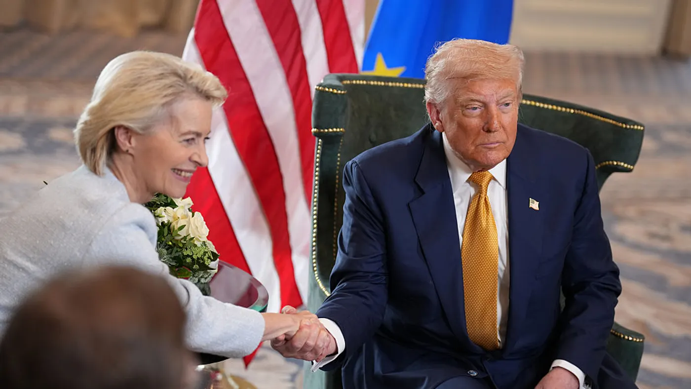 U.S. President Donald Trump shakes hands with President of the European Commission Ursula von der Leyen as he announces a trade deal with the EU at Trump Turnberry golf club on July 27, 2025 .
