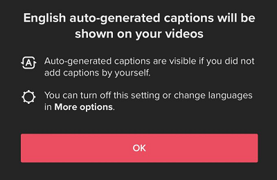 TikTok auto captions notification