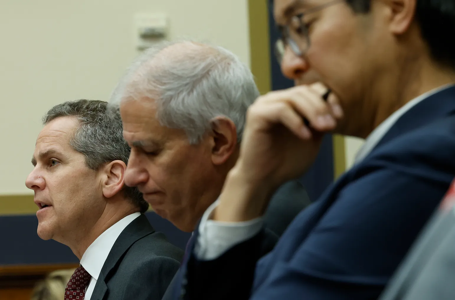 Michael Barr, the Federal Reserve's vice chair for supervision, speaks during a congressional hearing, while sitting next to Martin Gruenberg, chair of the FDIC and Michael Hsu, acting comptroller of the currency