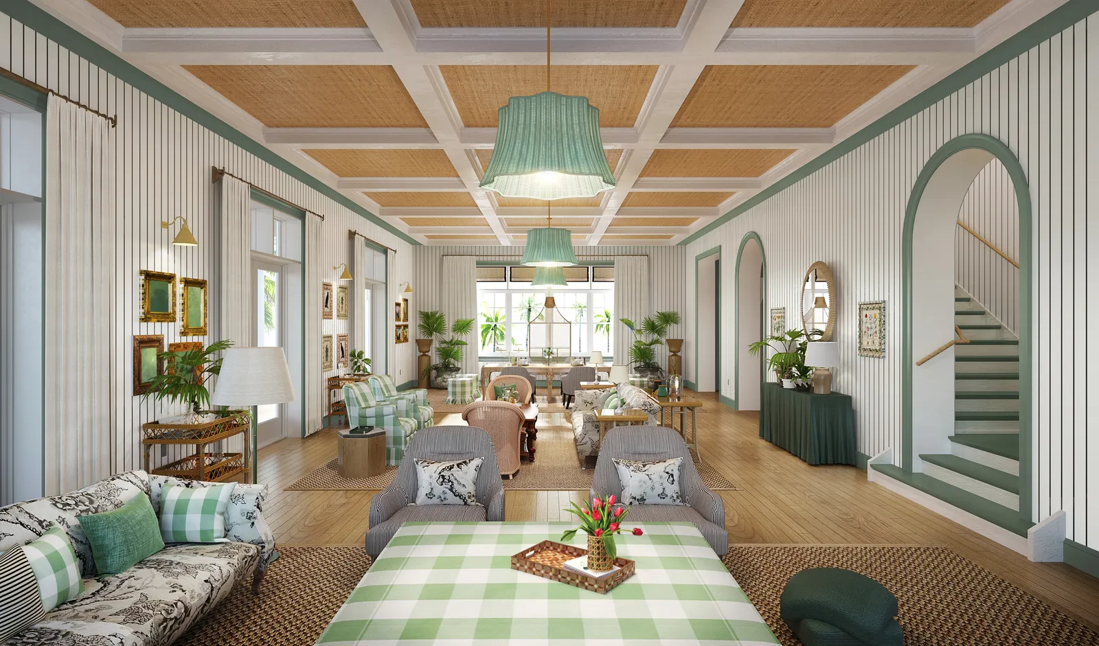 A rendering of The Dunlin&#x27;s lobby features rattan furniture with green accents.