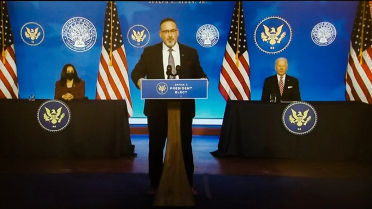 Miguel Cardona, nominee for U.S. Secretary of Education, speaks during his nomination announcement in December 2020