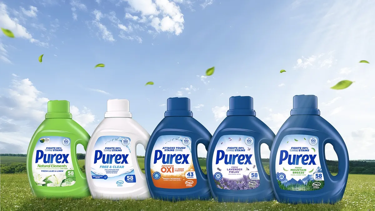 lineup of five bottles of Purex laundry detergent