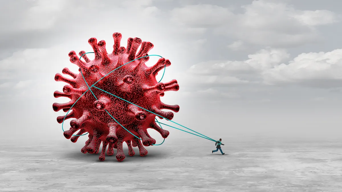 Long Covid syndrome and coronavirus pandemic symptoms that persist as a burden concept or being tied trapped as a hauler of a virus infection with 3D illustration elements.