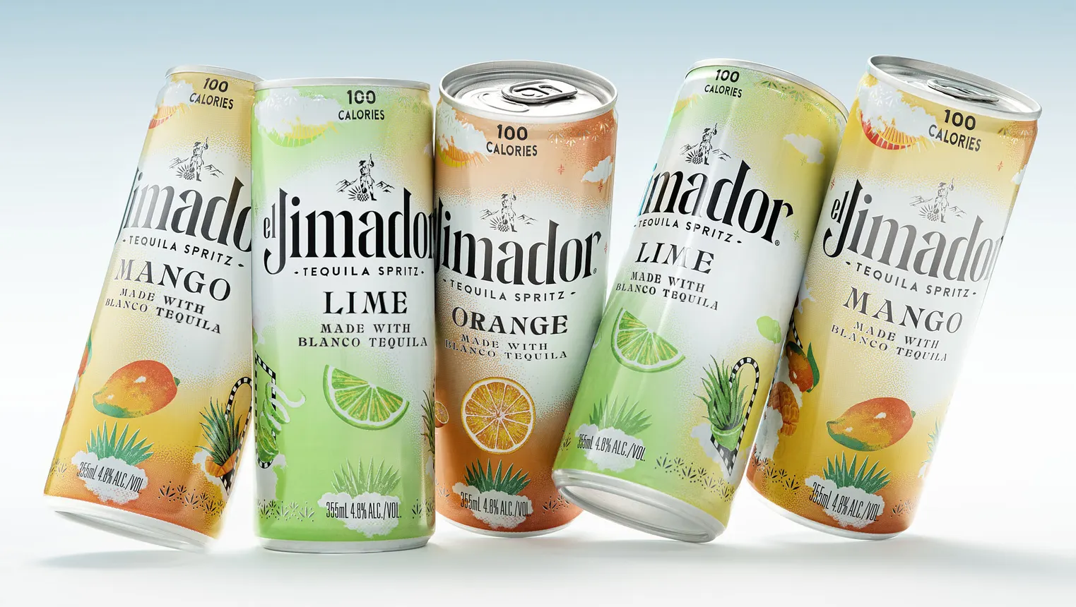 Five cans of El Jimador Tequila Spritz are displayed in front of a blank background.