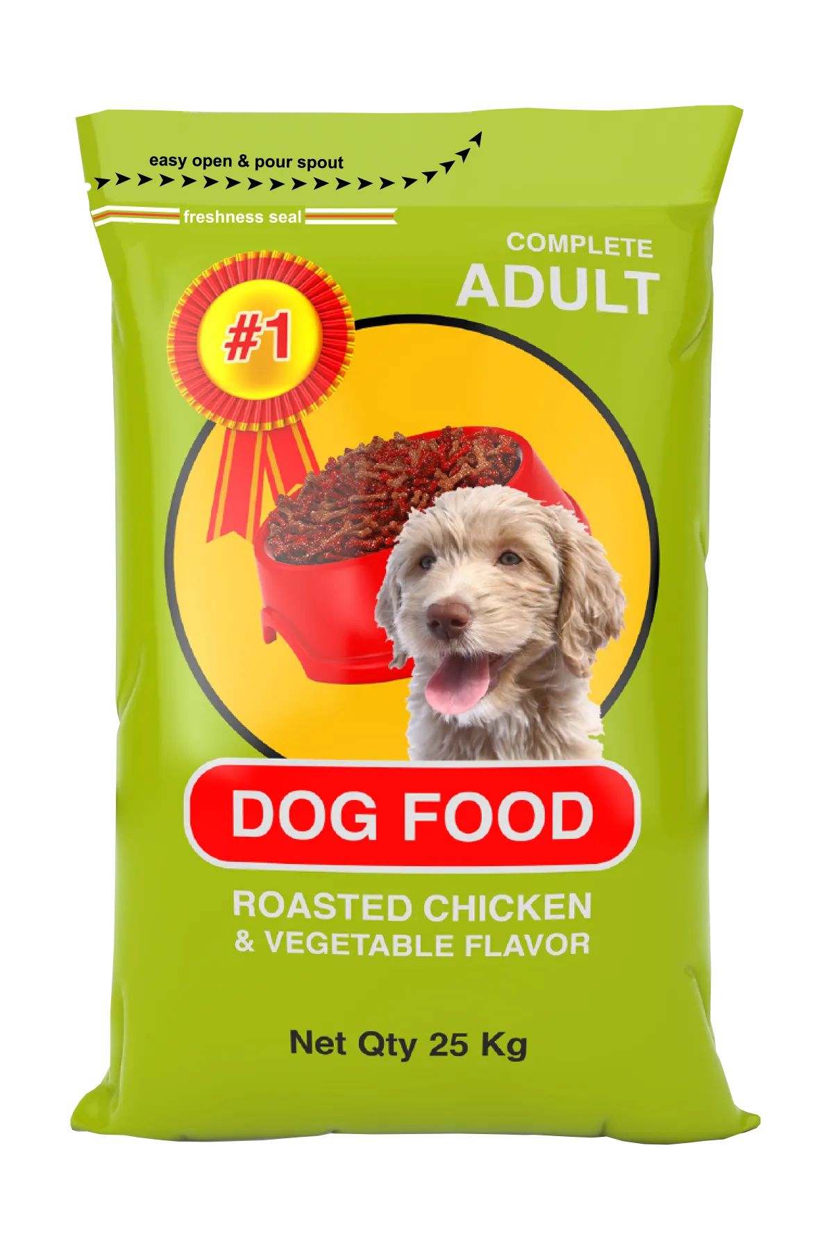 A pouch with pet food branding on the front.
