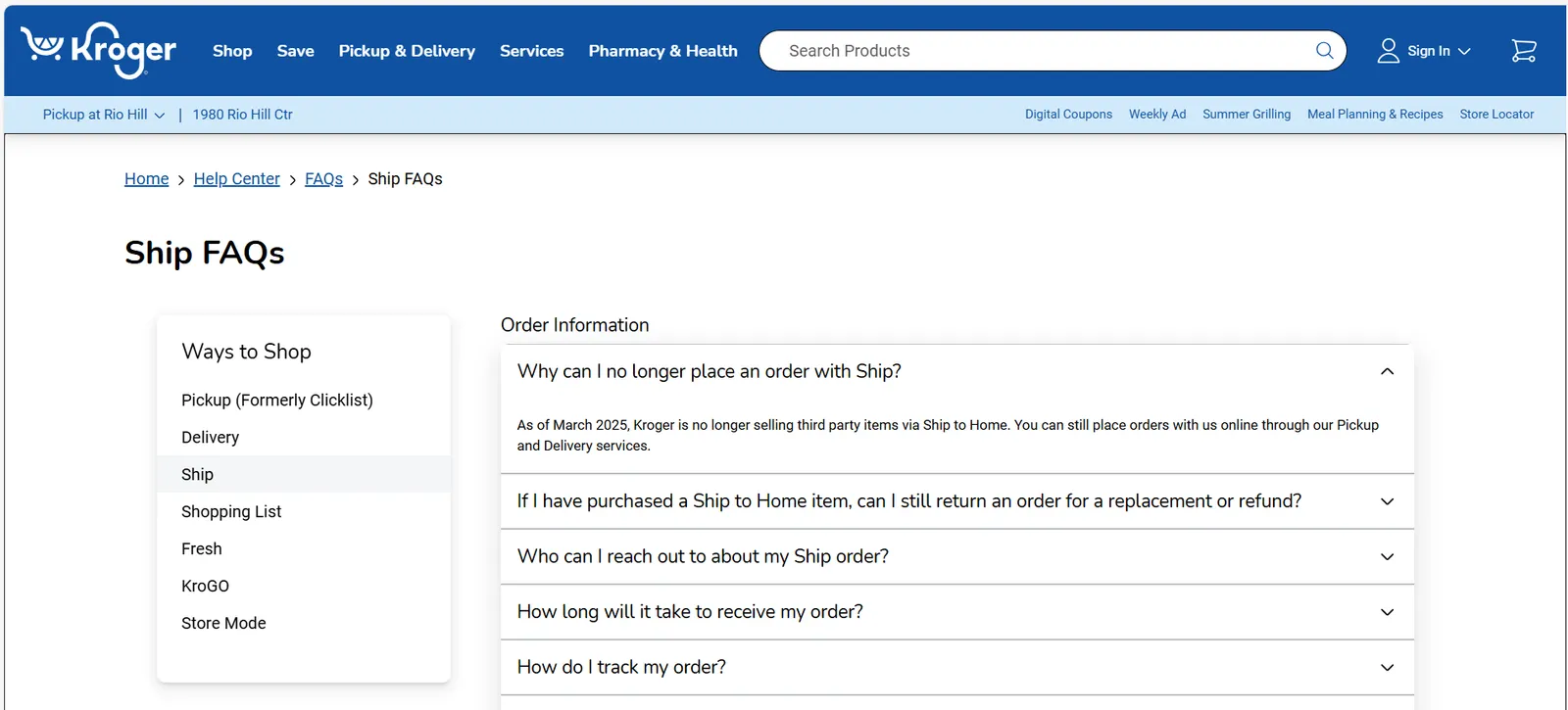 A webpage with a message indicating that the Kroger Ship service is no longer offering items from third-party sellers.