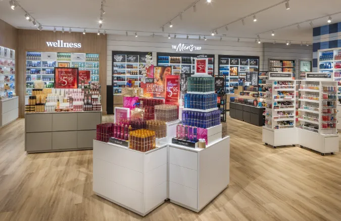 The interior of a Bath & Body Works with its Gingham+ store design.