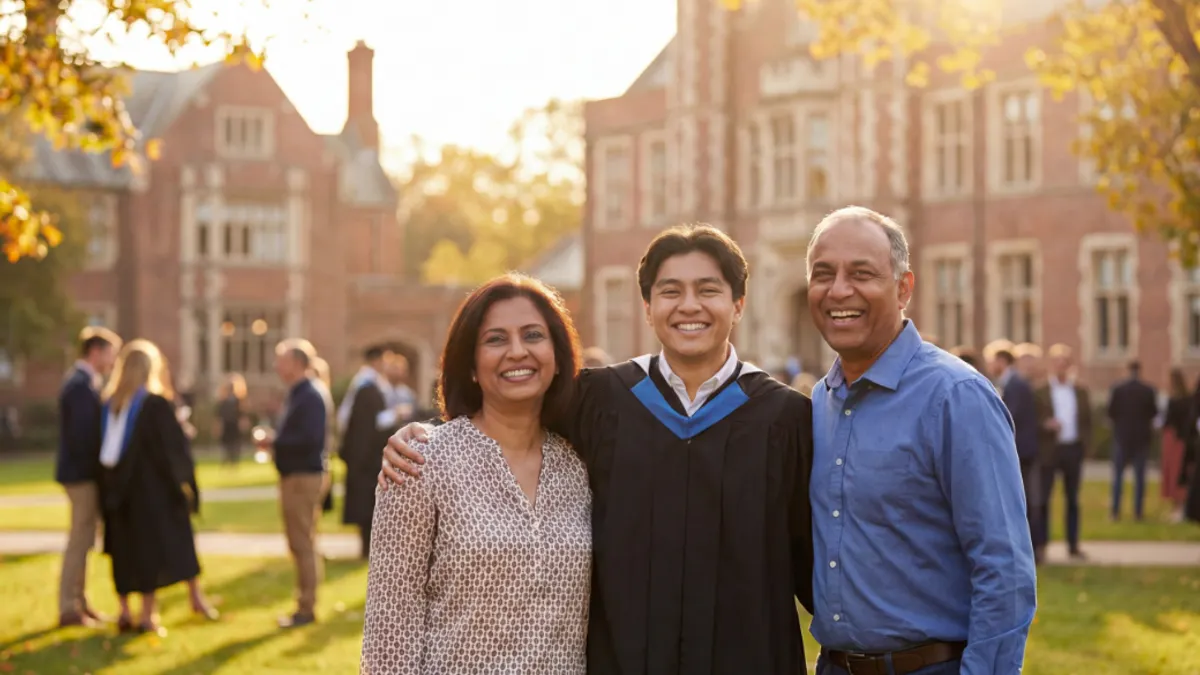 Portrait of smiling family and graduate student in front of college building at sunset.