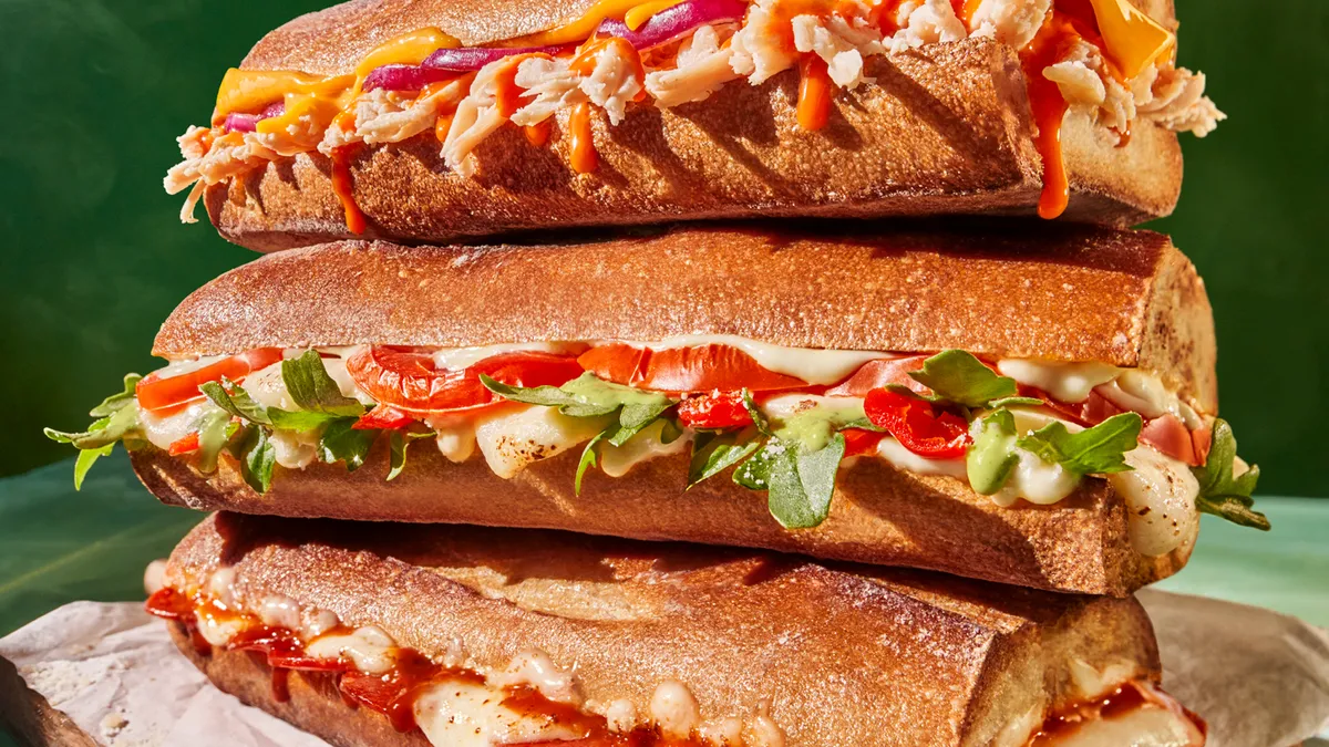 An image of Panera's three toasted baguette sandwiches.