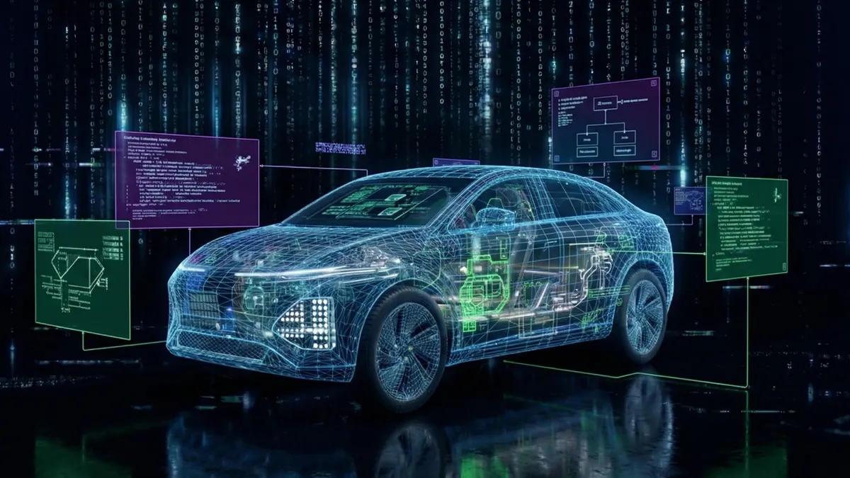 A rendering of a software-defined vehicle showing various electronics and networked computer systems.