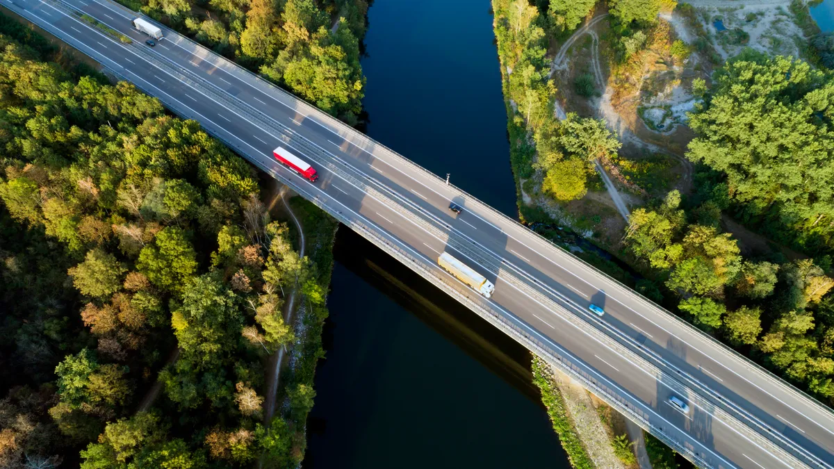 Aerial view of highway bridge over Danube River, Bavaria, Germany