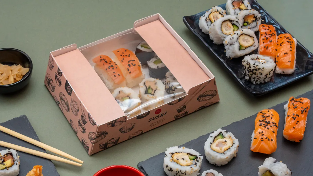 Fiber box package containing sushi.