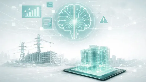 A digital illustration depicts a smart city concept with a glowing brain icon symbolizing artificial intelligence. Below, a 3D building model emerges from a tablet. Surrounding icons, including charts and alerts, suggest technology integration, conveying innovation and connectivity.