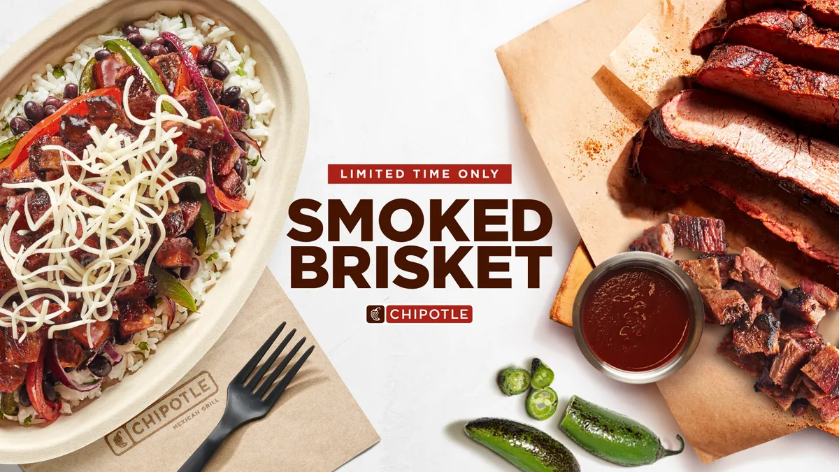 A promotional image for Chipotle's smoked brisket menu item. Text on the image reads, "Limited time only Smoked Brisket Chipotle"The image shows a burrito bowl with rice, beans, meat and peppers on the left. On the right is sliced beef with a cup of dipping sauce and sliced peppers.