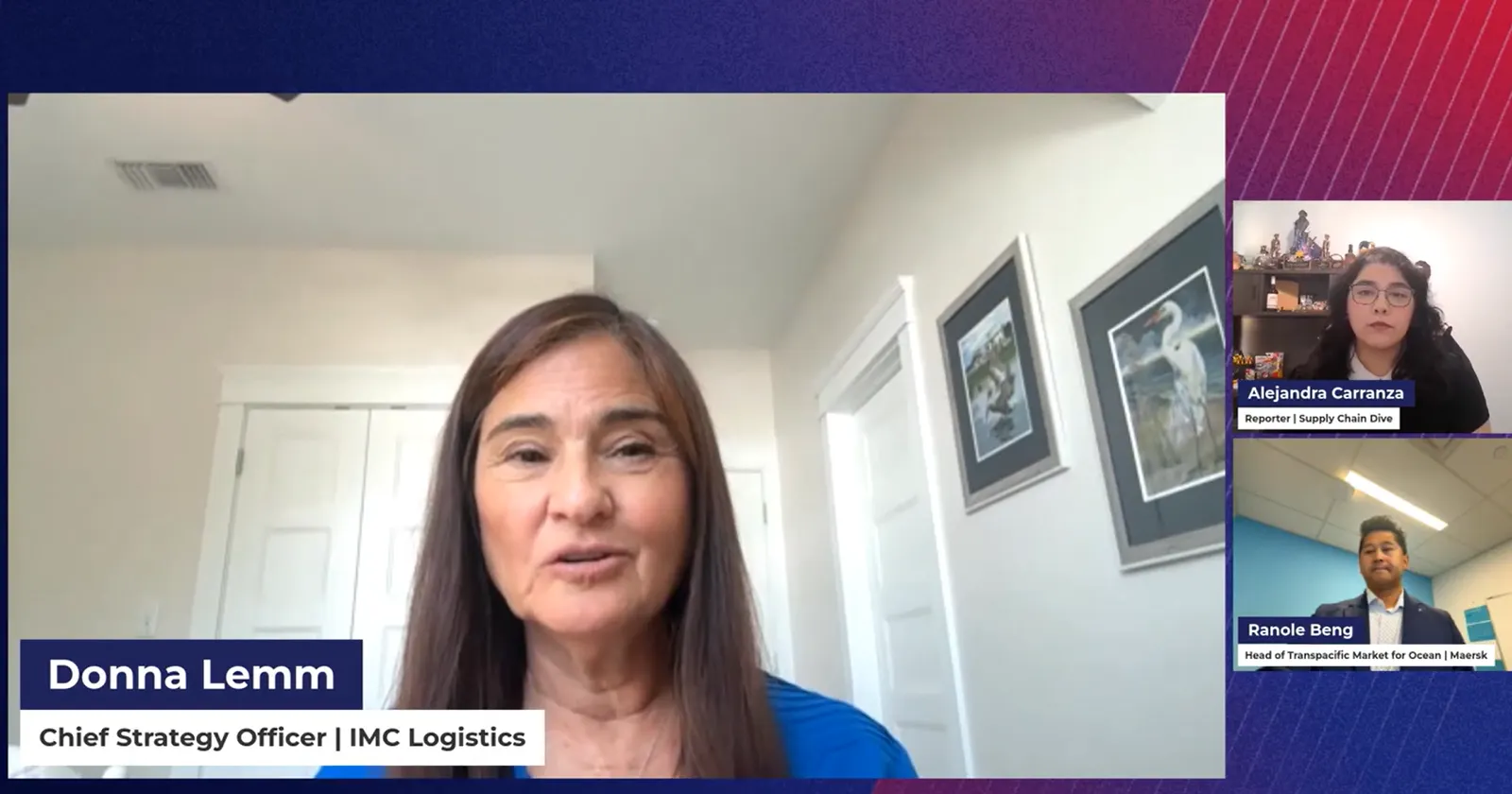 IMC Logistics Chief Strategy Officer Donna Lemm speaks during an online Supply Chain Outlook event alongside Maersk Head of Transpacific Market for Ocean Ranole Beng and moderated by Supply Chain Dive reporter Alejandra Carranza.