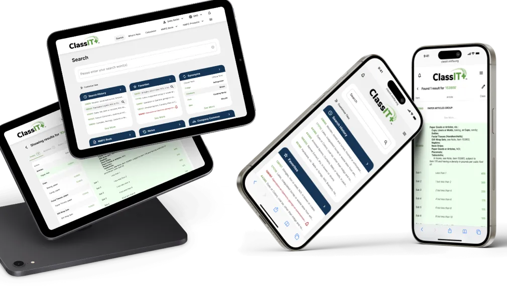 A promotional image shows the ClassIT+ LTL freight classification tool on cellphones and tablets.