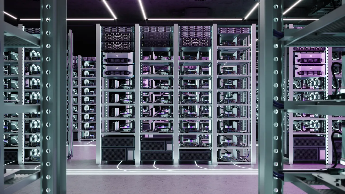 Computer generated image of a working data center with rows of rack Servers.