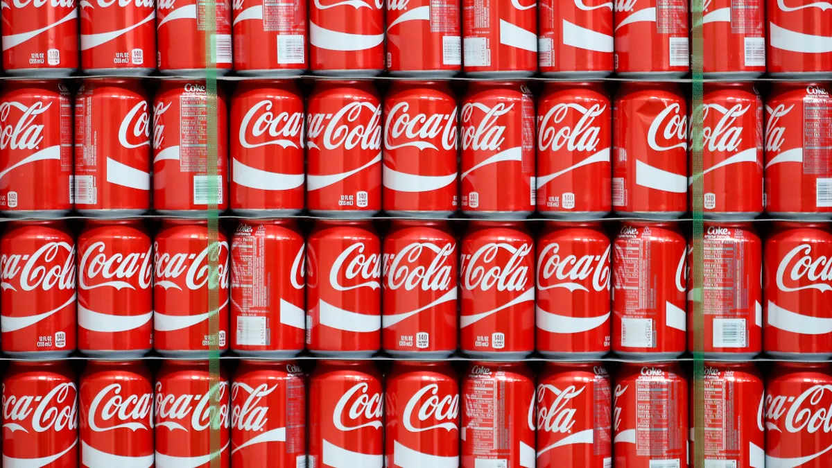 Pallets of Coke-Cola cans at a bottling plant in Salt Lake City, Utah.