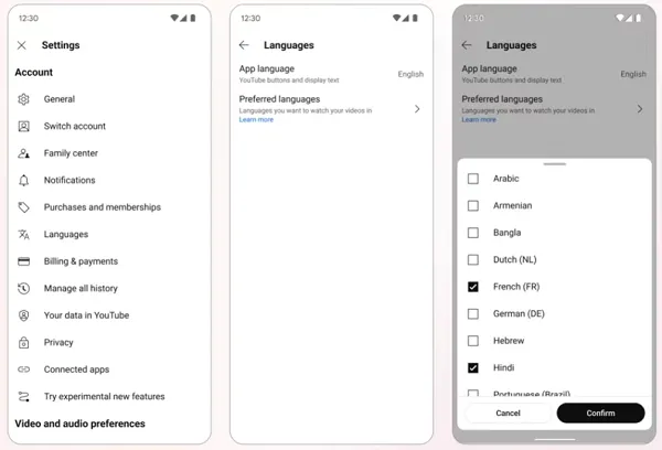 YouTube language options