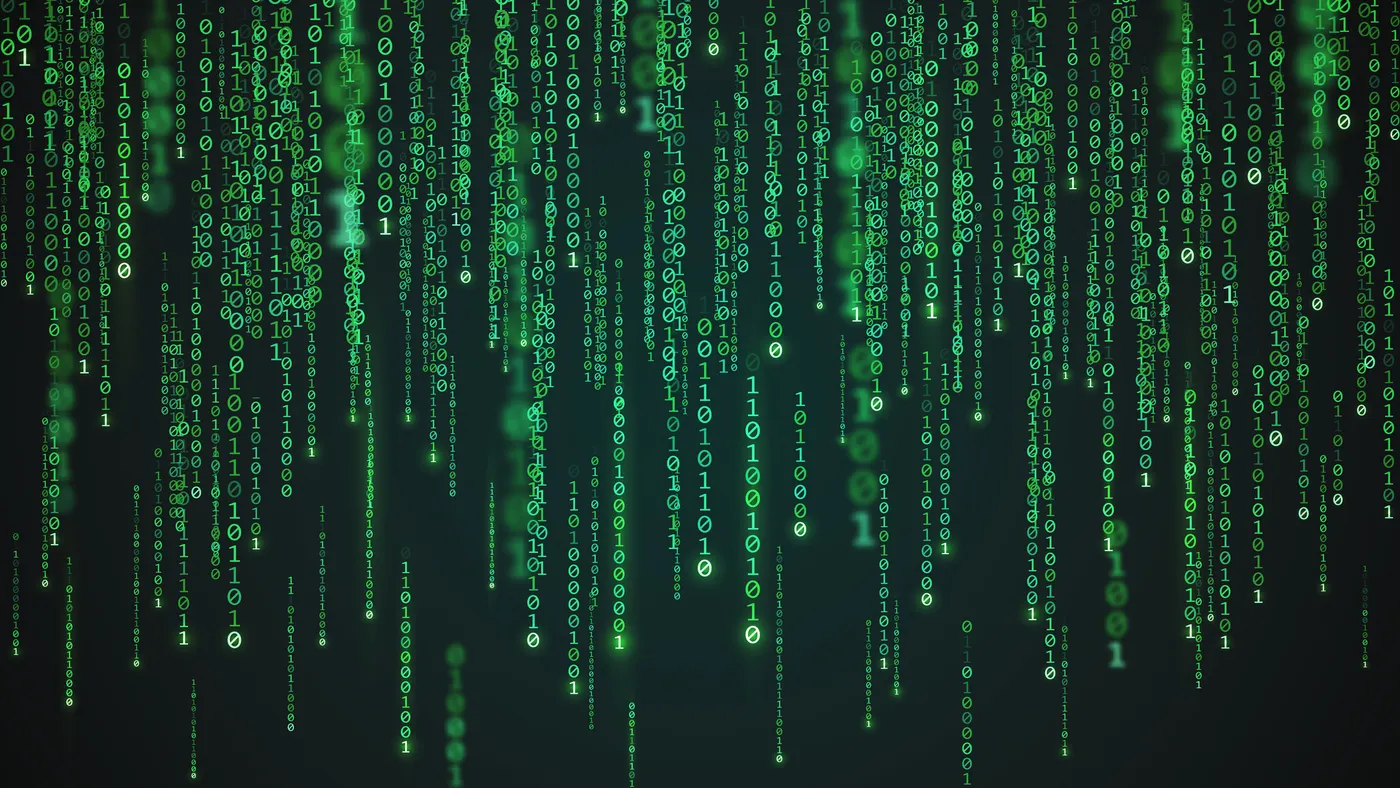 Falling green numbers. Data visualization concept.
