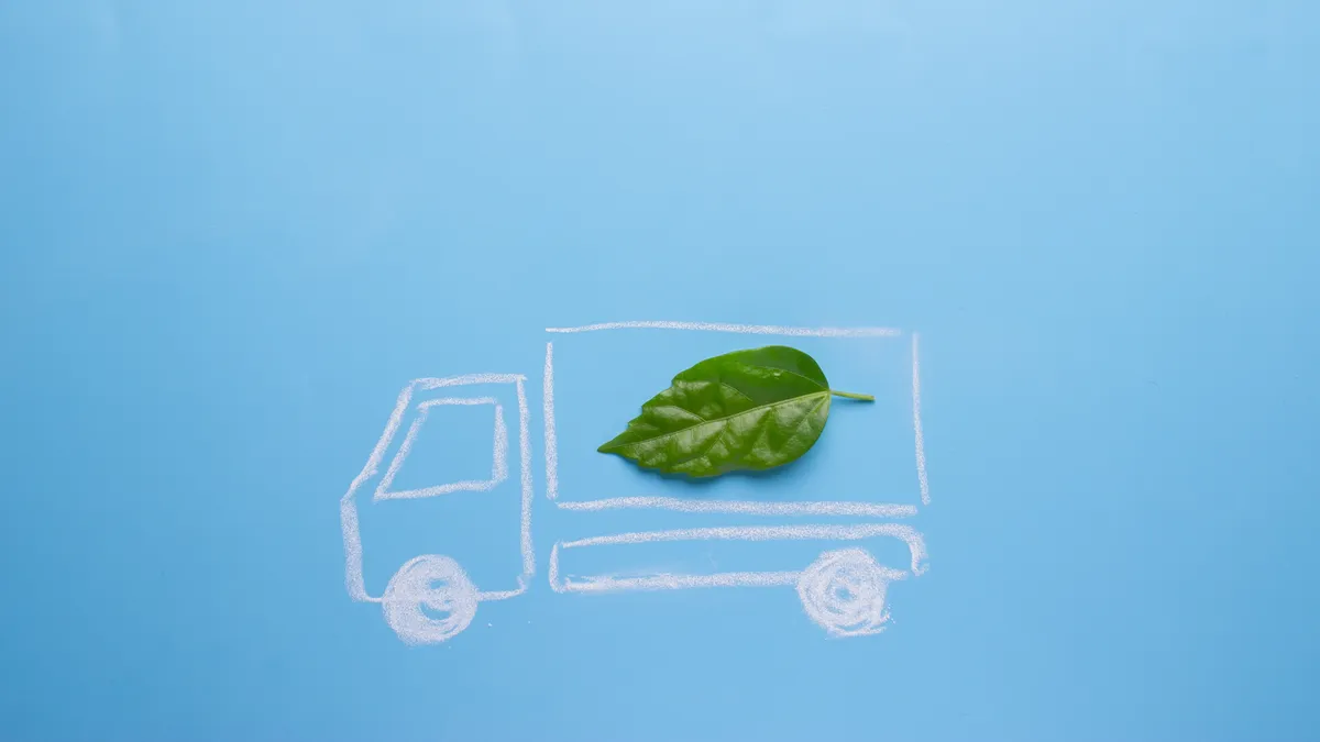 Electric car concept in green environment. lorry with green leaf